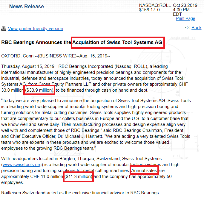 RBC BEARINGS ACQUISITION SWISS TOOLS